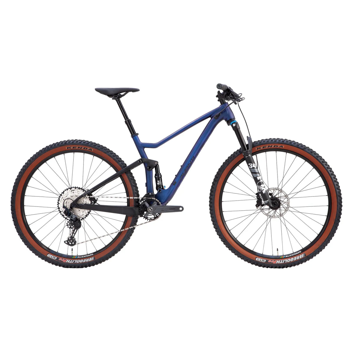 A full-suspension mountain bike with a blue frame, black components, and orange sidewall tires, shown from a side profile on a solid white background.