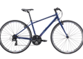 A blue mountain bike with black components, shown from a side profile view against a solid white background.