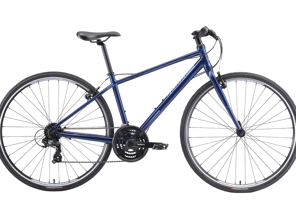 A blue mountain bike with black components, shown from a side profile view against a solid white background.