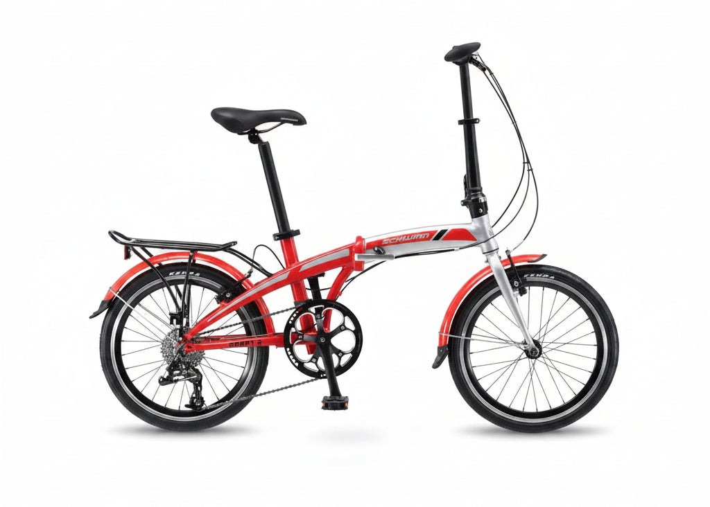 A red and silver folding bicycle with black components, shown from a side profile on a white background. The brand name 'Schwinn' is visible on the frame.