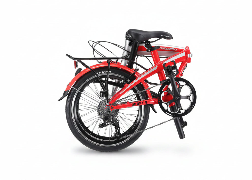 A red and black folding bicycle with silver accents, shown from a three-quarter rear angle on a white background. The frame features the brand name 'Schwinn' and model 'Adapt-3'.