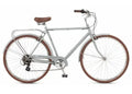 A classic step-over city bicycle with a silver frame, brown leather saddle, and brown tires, shown from a side profile on a white background.