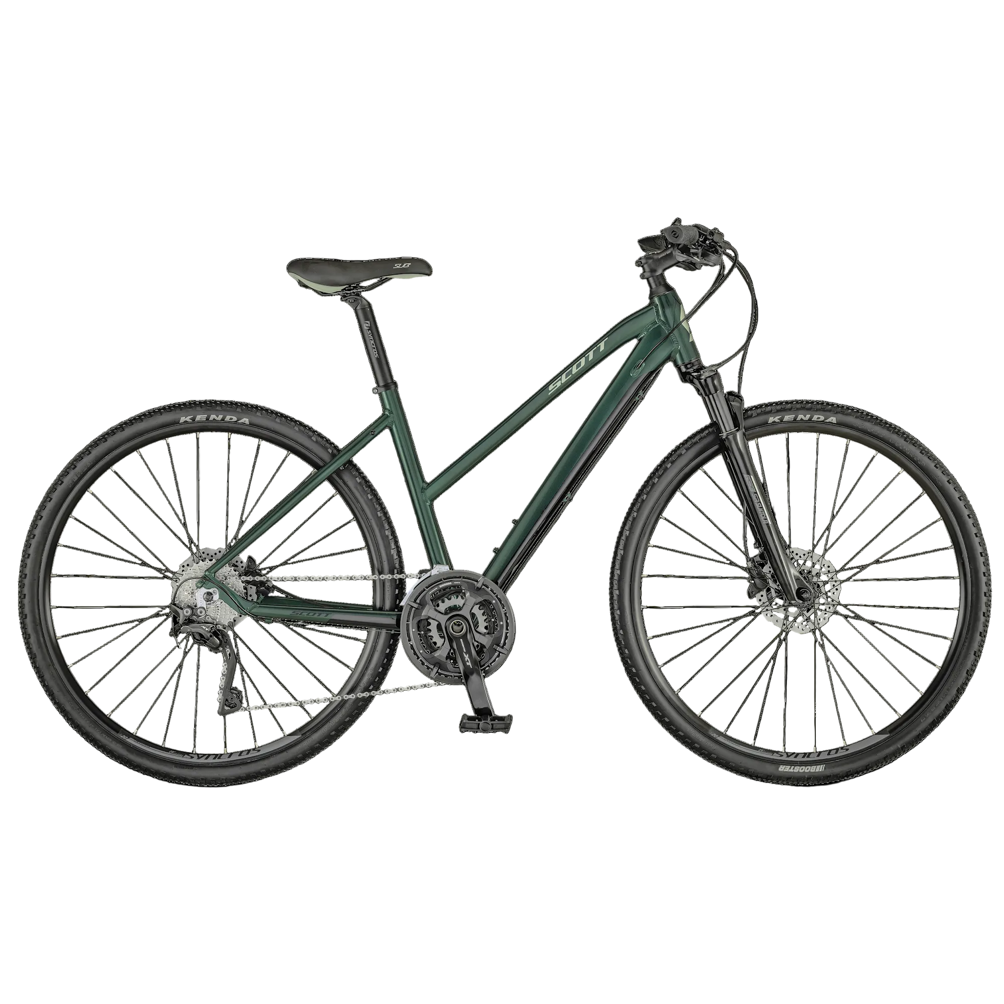 A dark green Scott Sub Cross bicycle with black components, including tires, saddle, and handlebars, shown from a side profile on a solid white background.